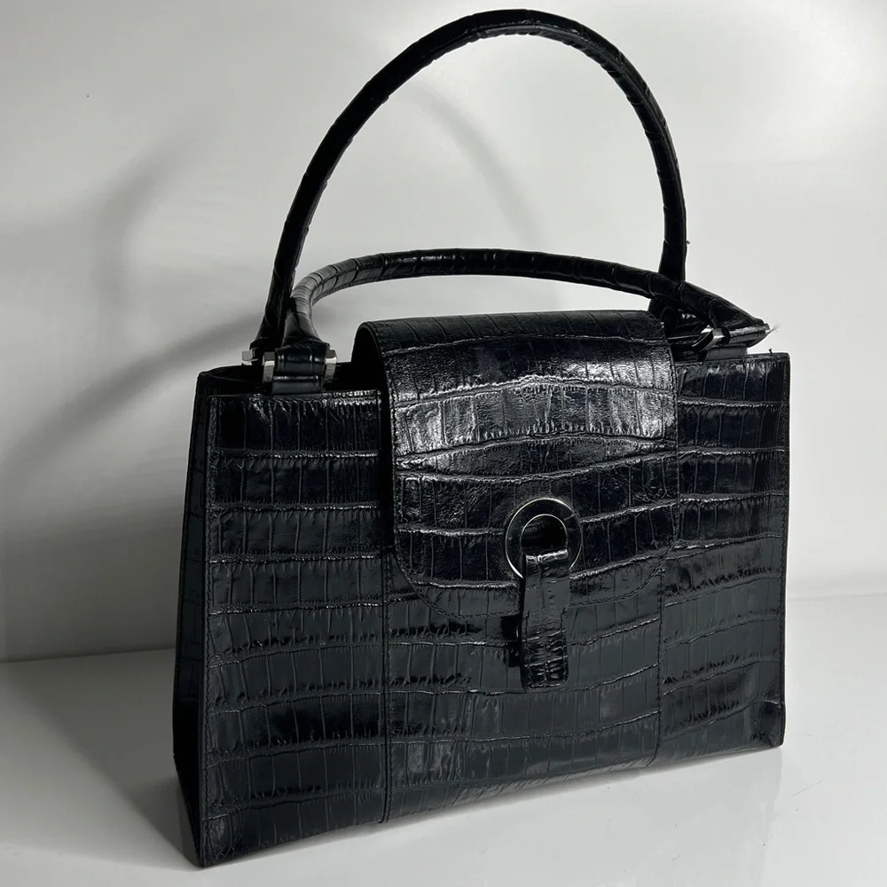 Bloomingdale’s Black Croc Embossed Leather Double Compartment Handbag